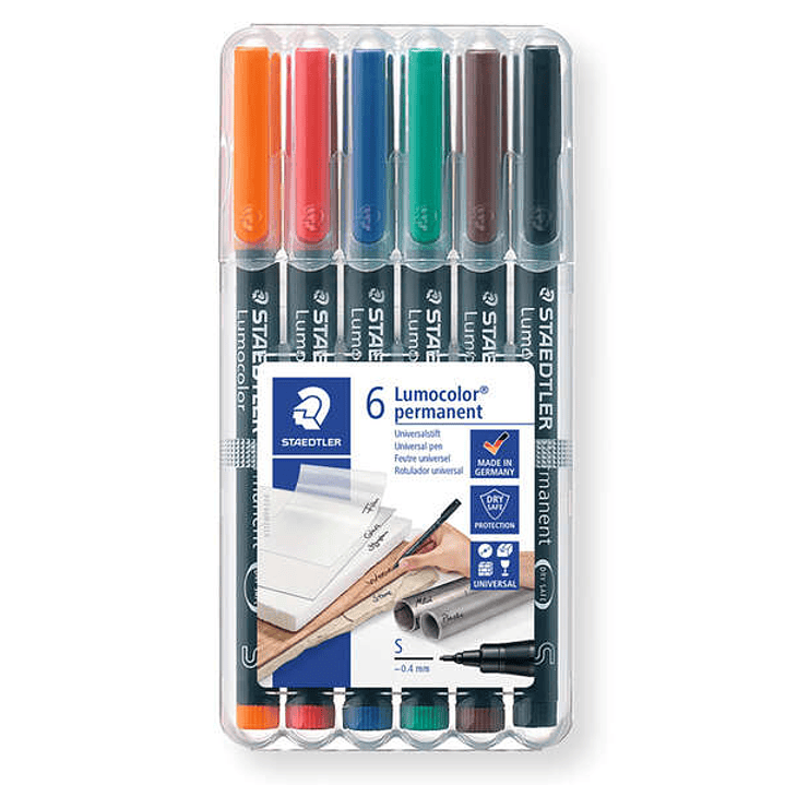 Staedtler Lumocolor 317 Pack de 6 Rotuladores Permanentes - Punta Media Redonda - Trazo 1mm Aprox - Capuchon con Clip - Secado Rapido - Colores Surtid 1