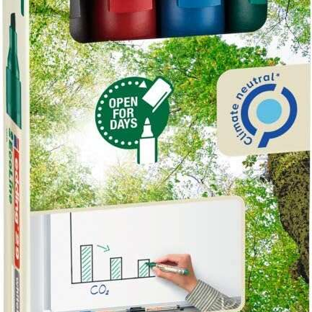 Edding 29 EcoLine Pack de 4 Rotuladores para Pizarra Blanca - Punta Biselada - Trazo entre 1-5mm - 90% de Plastico Reciclado - Borrado en Seco - Color 1