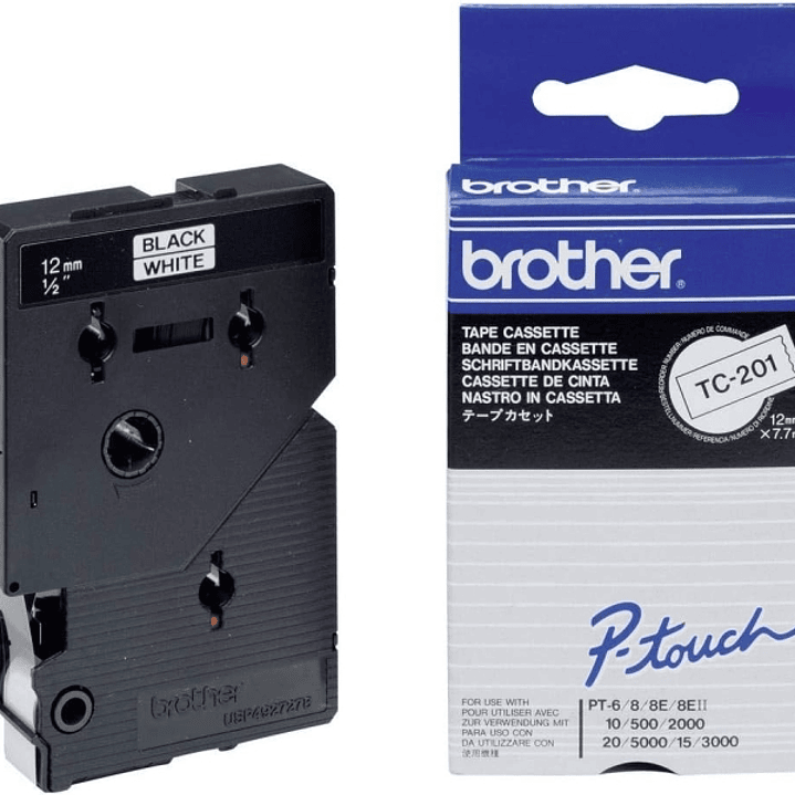 Brother TC201 Cinta Laminada Original para Rotuladora - Texto Negro sobre Fondo Blanco - Ancho 12mm x 7 metros 1