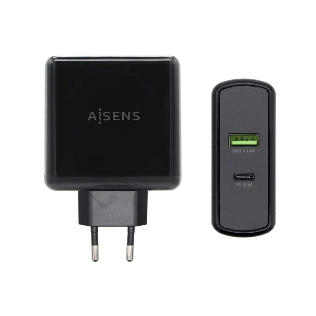 Aisens Cargador para Smartphone 48W 1x USB-C PD3.0 30W, 1x USB-A QC3.0 18W 1