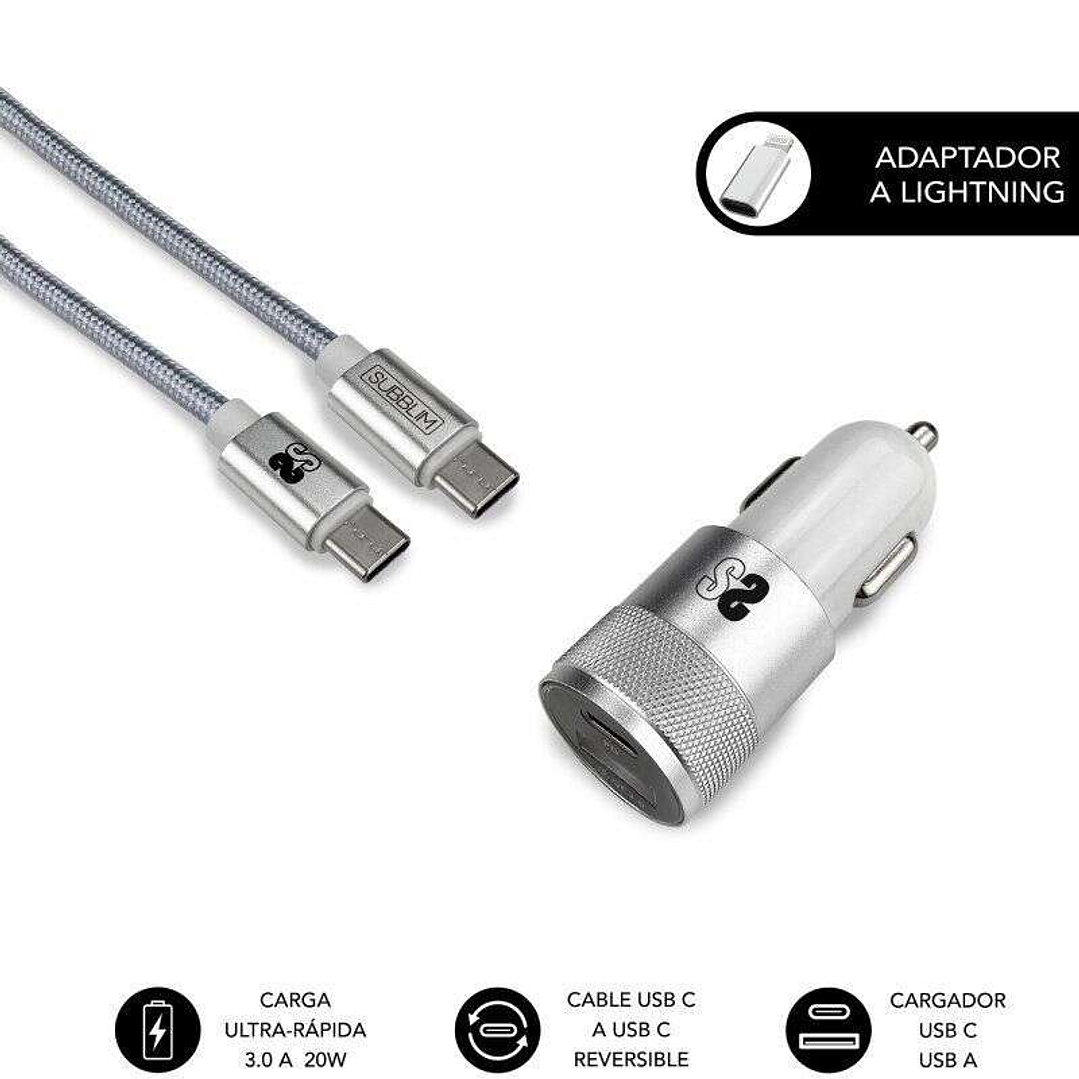 Subblim Cargador Coche Dual PD20W+QC3.0+C to C/Lightning cable - 20W - Carga rápida simultánea - Cable USB C reversible - Color Plata 1