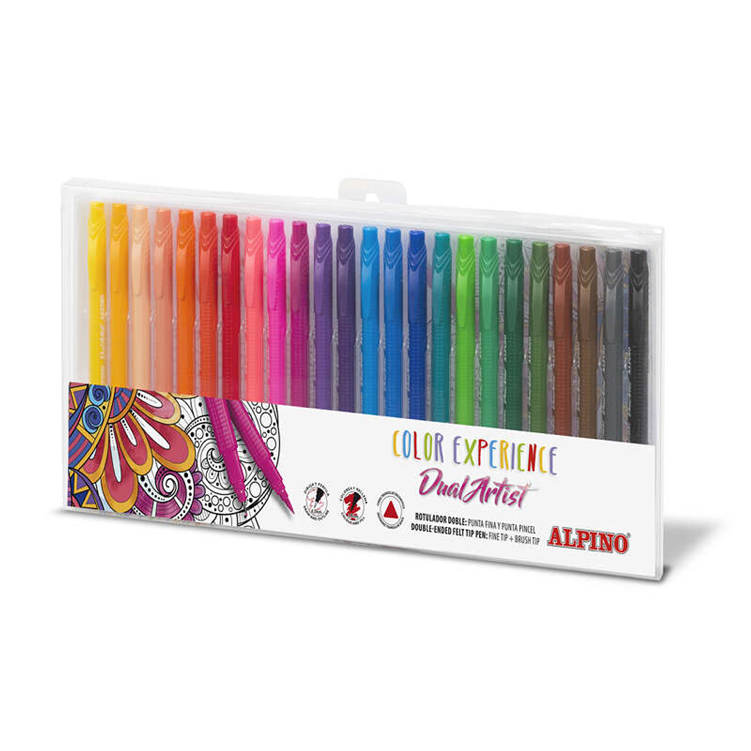 Alpino Color Experience Pack de 24 Rotuladores Doble Punta con Punta Pincel - Forma Triangular Ergonomica - Punta Fine Liner de 0.7mm y Punta Pincel d 1
