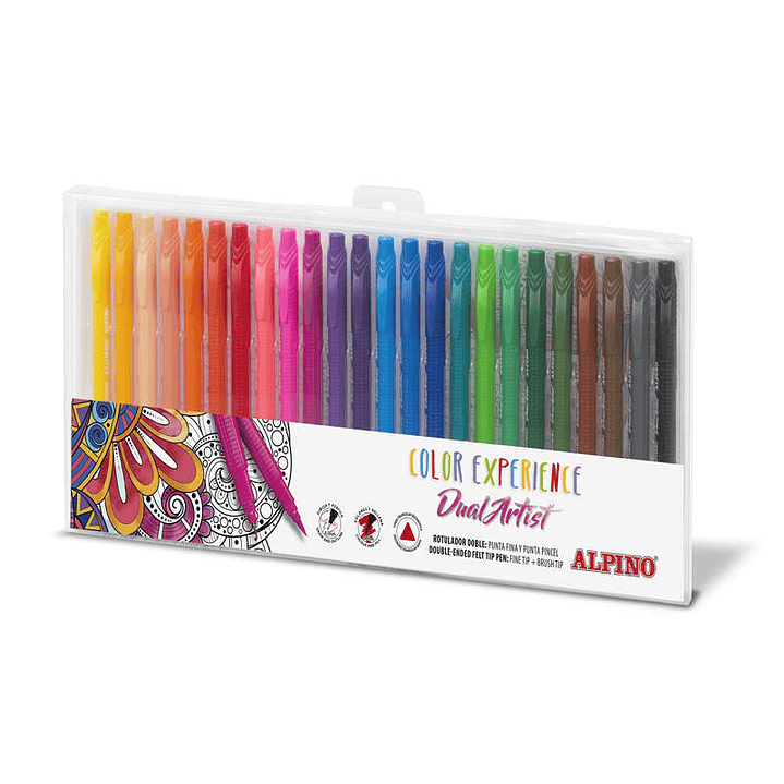 Alpino Color Experience Pack de 24 Rotuladores Doble Punta con Punta Pincel - Forma Triangular Ergonomica - Punta Fine Liner de 0.7mm y Punta Pincel d 1
