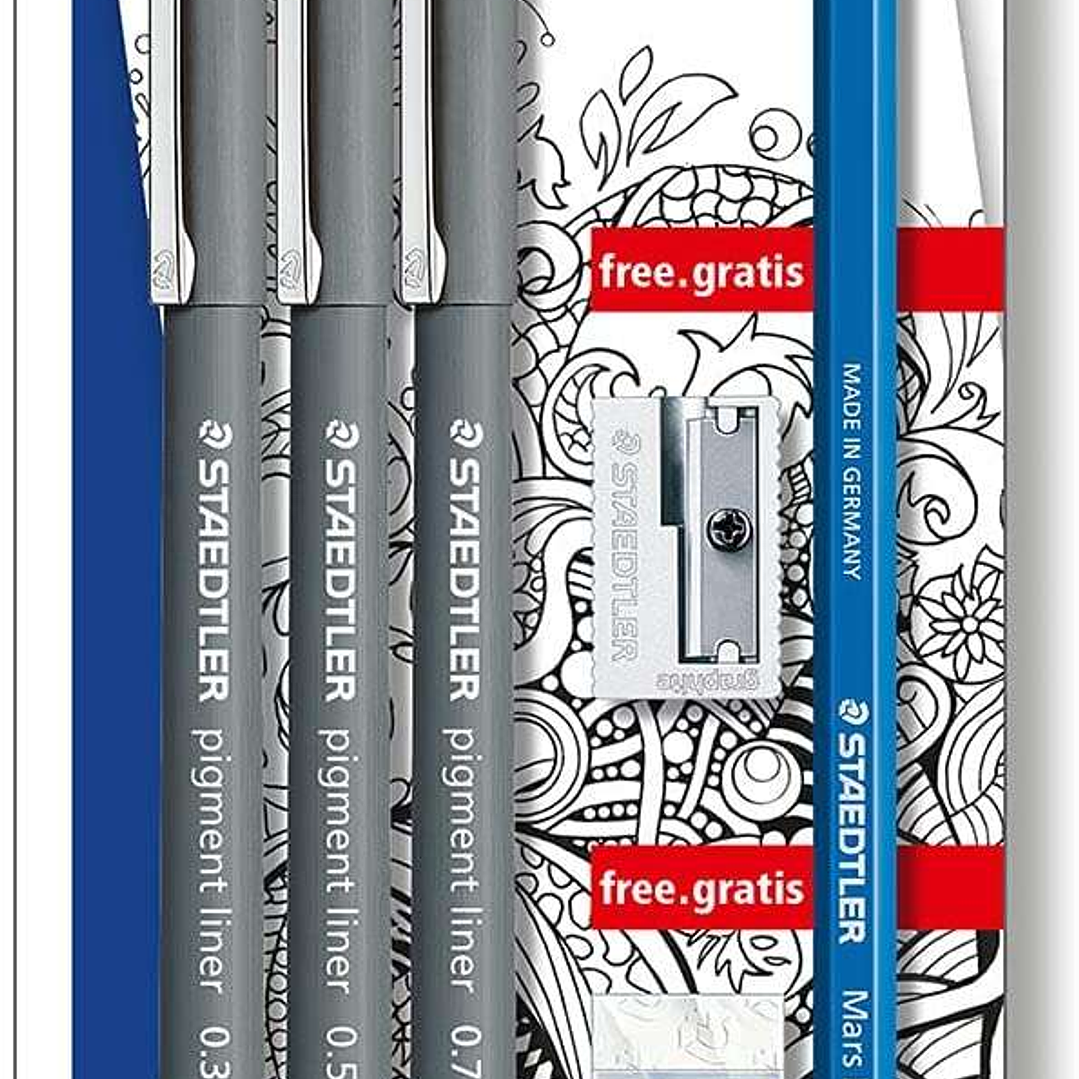 Staedtler Pigment Liner 308 Pack de 3 Rotuladores Calibrados Negros, Trazos Surtidos + 1 Goma de Borrar + 1 Sacapuntas + 1 Lapiz 2B - Color Negro 1
