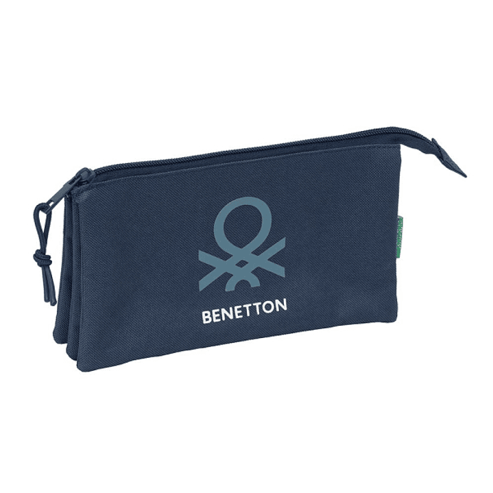 Safta Benetton Basics Antracita Portatodo - 3 Compartimentos con Cremalleras - Bolsillo Interior - 0.6L - 220x30x120mm - Color Azul Marino 1