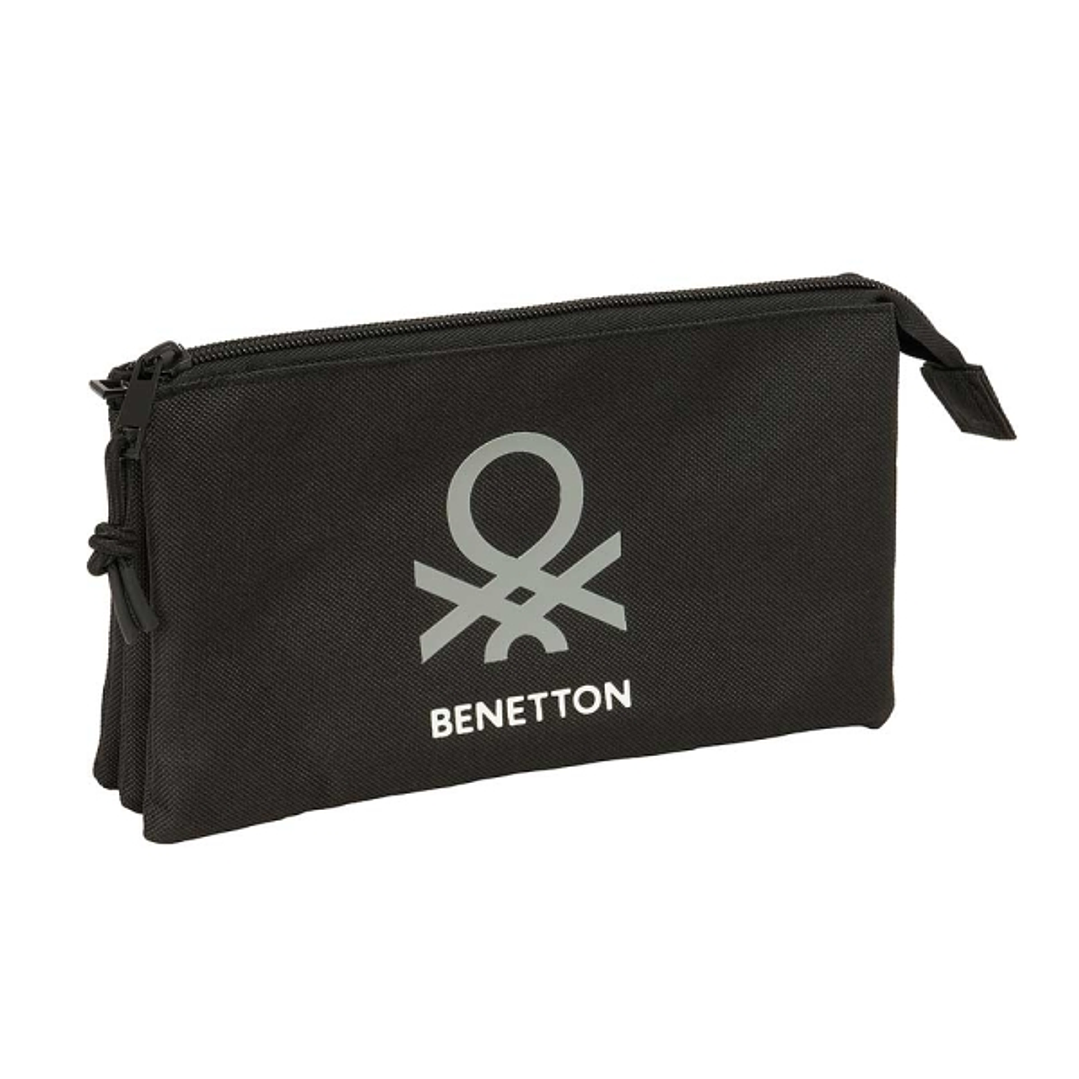Safta Benetton Basics Portatodo - 3 Compartimentos con Cremalleras - Bolsillo Interior - 0.6L - 220x30x120mm - Color Negro 1