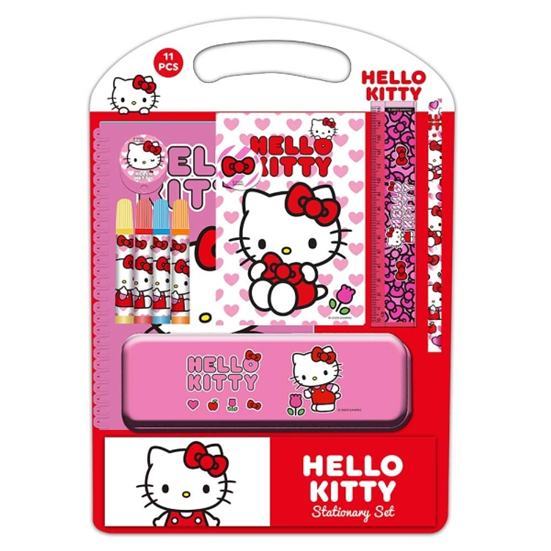Safta Hello Kitty Iconic Pack Escolar con Plumier Metalico - Lapiz - 4 Rotuladores - Regla 15cm - Sacapuntas - Goma - Libreta A4 - Bloc de Notas A6 -  1