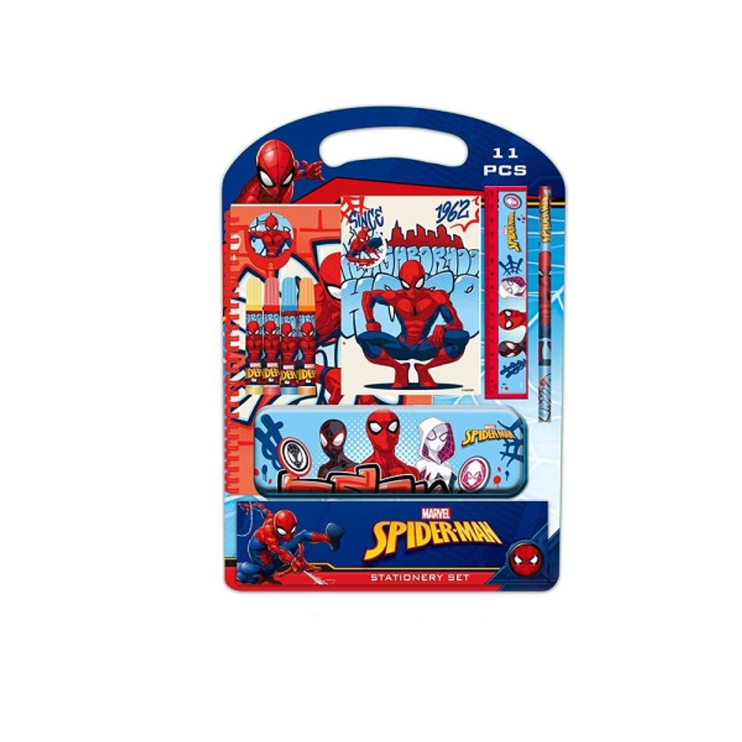 Safta Spider-Man Attack Pack Escolar con Plumier Metalico - Lapiz - 4 Rotuladores - Regla 15cm - Sacapuntas - Goma - Libreta A4 - Bloc de Notas A6 - 2 1
