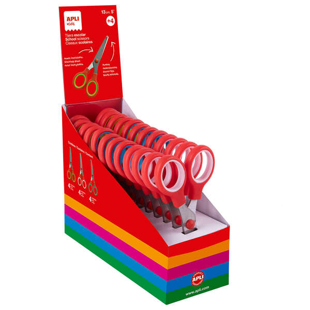 Apli Kids Expositor de 12 Tijeras Escolares 13cm - Punta Redondeada - Aros Simetricos de Plastico - Uso Ambidiestro - Colores Surtidos 1
