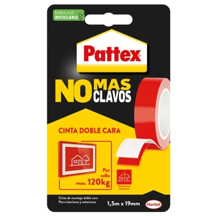 Pattex No mas Clavos Cinta Doble Cara 19mm x 1.5m - Fijacion Rapida y Limpia - Para Objetos Lisos en Interior y Exterior - Color Blanco 1
