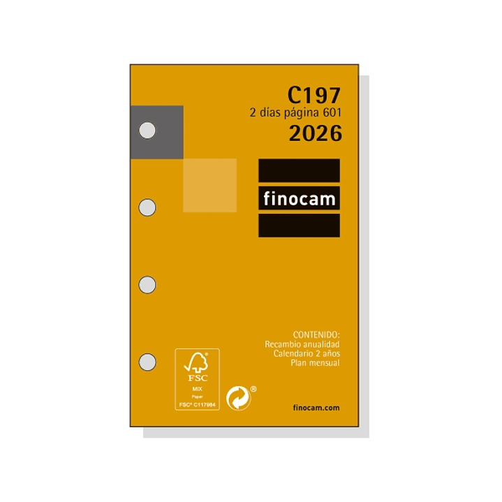 Finocam C197 Recambio para Agendas Classic - Anual 2026 - Hojas Microperforadas - Formato 601 - 56x10x89mm - 2 Dias por Pagina - Color Blanco 1