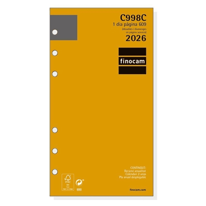 Finocam C998C Recambio para Agendas Classic en Catalan - Anual 2026 - Esquinas Microperforadas - Formato 609 - 94x18x171mm - 1 Dia por Pagina - Color  1