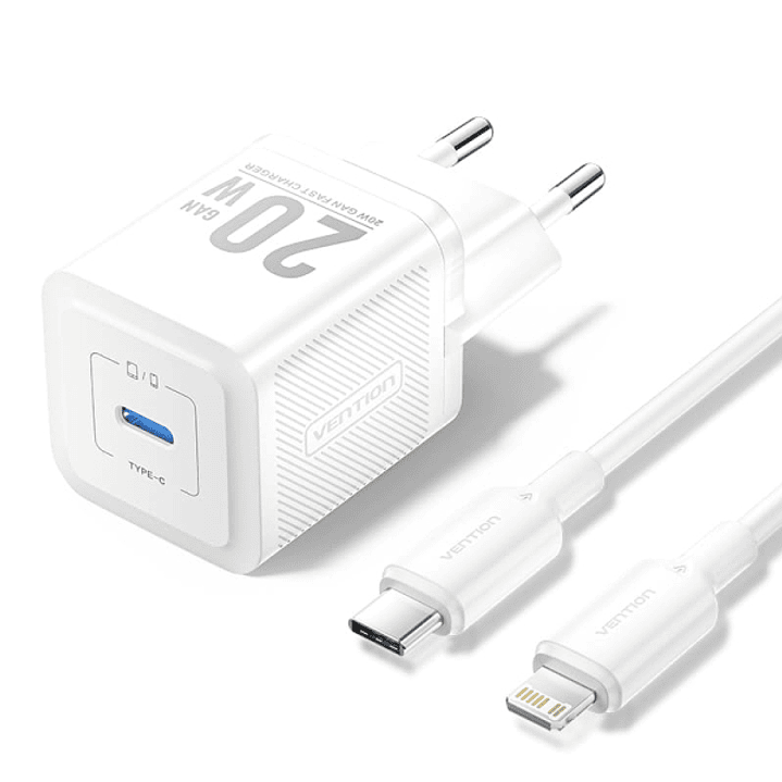 Vention Cargador de Pared GaN USB-C 20W - Cable USB-C a Lightning 1m - Color Blanco 1