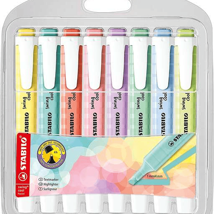 Stabilo Swing Cool Pastel Pack de 8 Marcadores Fluorescentes - Cuerpo Plano - Punta Biselada - Trazo entre 1 y 4mm - Tinta con Base de Agua - Colores  1