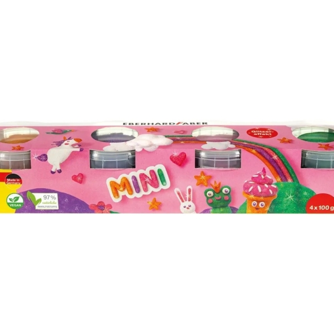Eberhard Faber Mini Kids Pack con 4 Botes 100gr de Pasta de Modelar - 97% Ingredientes Naturales - Colores Brillantes Naranja, Morado, Rosa y Verde 1