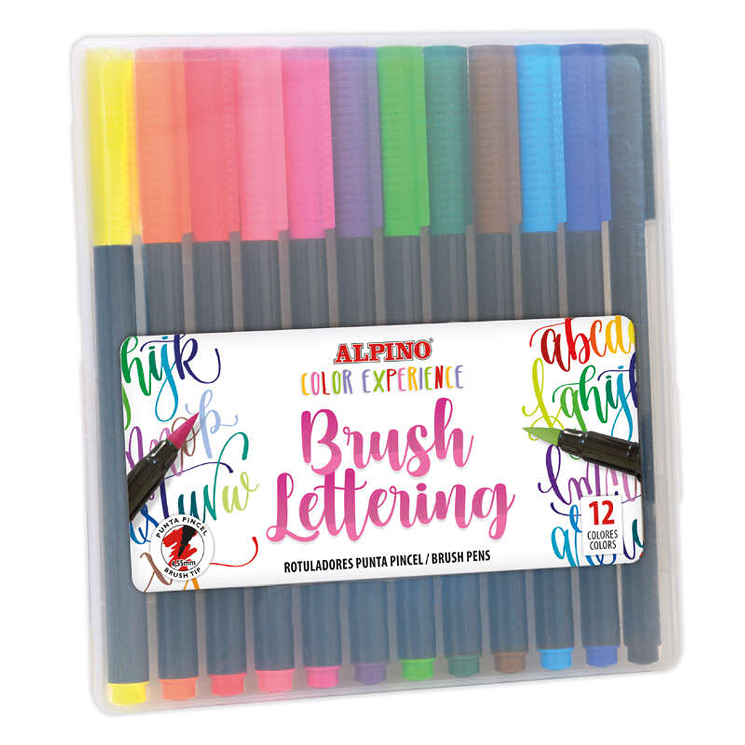 Alpino Color Experience Pack de 12 Rotuladores Brush Lettering - Punta Pincel de 4.55mm - Tinta Base Agua - Colores Vivos y Brillantes - Ideales para  1
