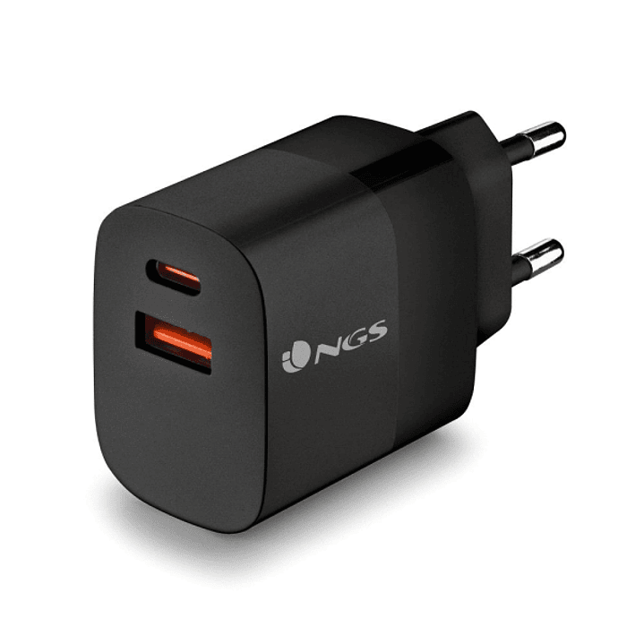 NGS Bud 33W Cargador GaN Universal de Pared 33W Ultrarapido - 1x USB-C PD & PPS, 1x USB-A QC 3.0 - Color Negro 1