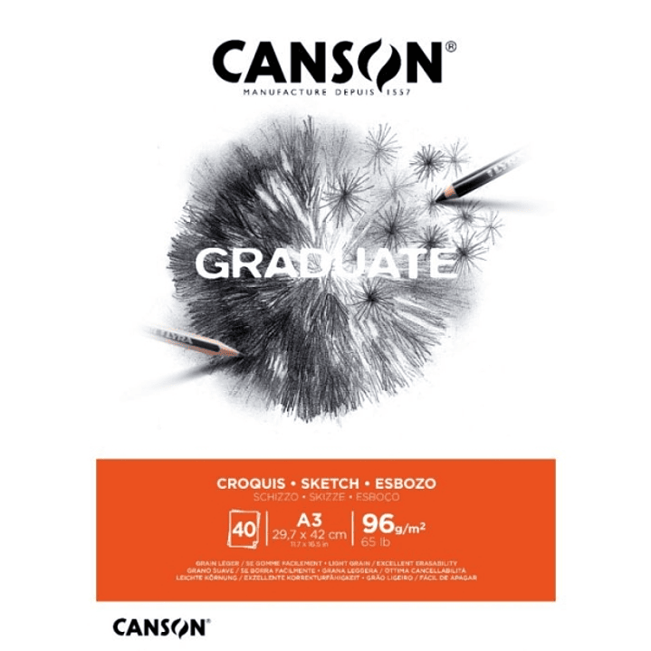 Canson Graduate Sketch Bloc Encolado de 40 Hojas A3 - 96g - Grano Fino - Color Blanco 1