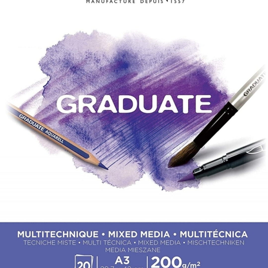 Canson Graduate Mix Media Bloc Encolado de 20 Hojas A3 de 200g - Grano Fino - Color Blanco 1