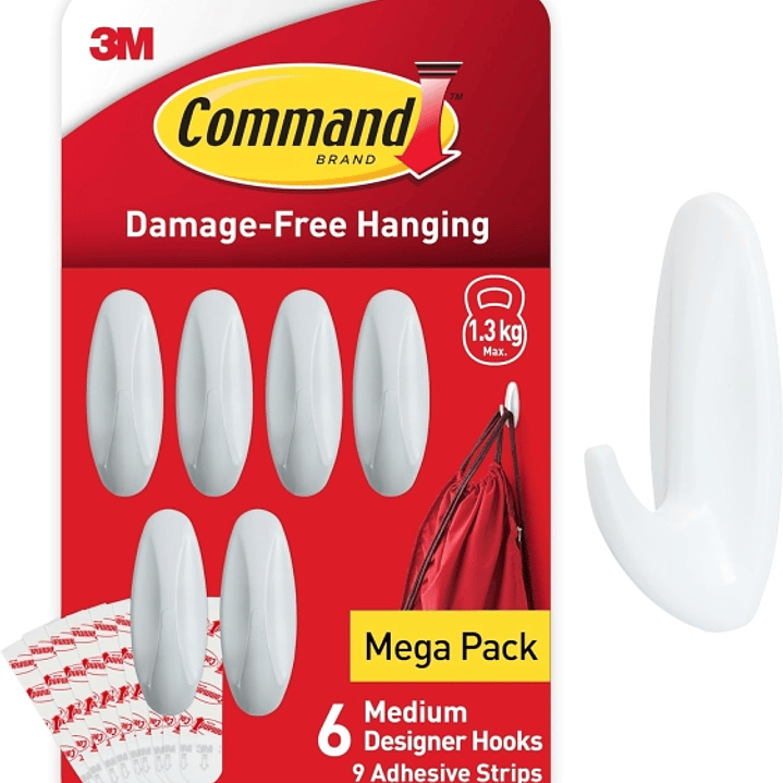 Command Pack de 6 Ganchos de Diseño Medianos - 9 Tiras Adhesivas - Soportan hasta 1.3kg - Color Blanco 1