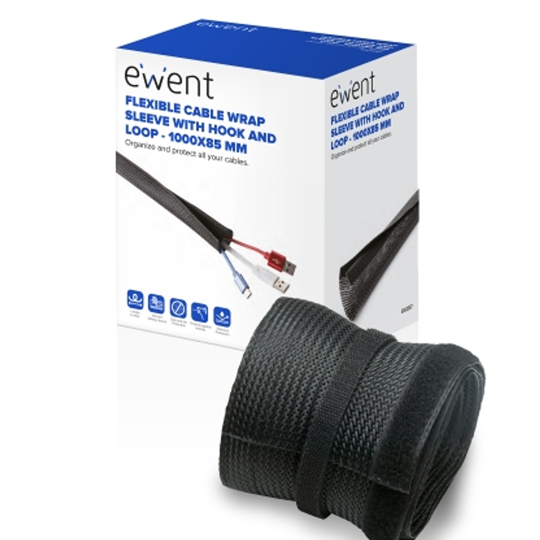 Ewent Manguito Organizador de Cable Polyester - Cierre de Velcro - 1m - 85mm - Color Negro 1