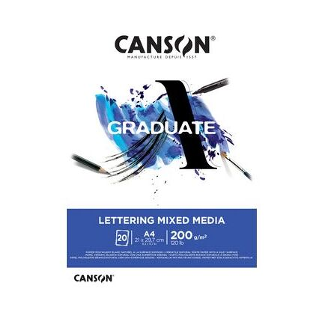 Canson Graduate Lettering Multitecnica Bloc Encolado de 20 Hojas A3 de 200g - Satinado - Color Blanco 1