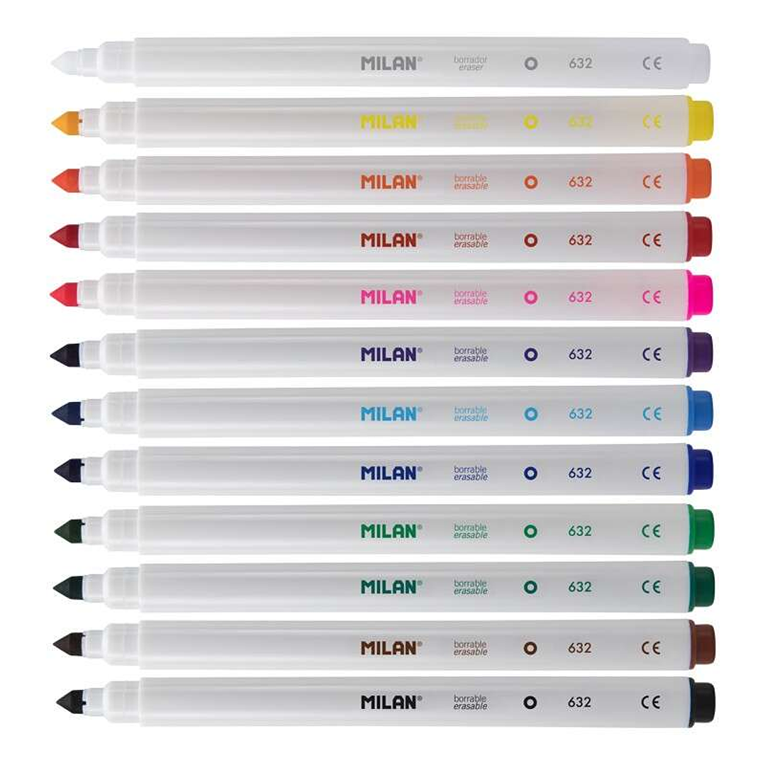 Milan Pack de 11 Rotuladores Borrables + 1 Rotulador Borrador - Punta Conica 5mm - Tinta al Agua - Lavable - Colores Surtidos 1