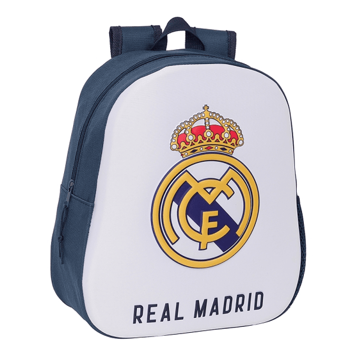 Safta Real Madrid Mochila 3D - Asa de Mano - Portabotellas Lateral - 27x33x10cm - Color Blanco/Negro 1