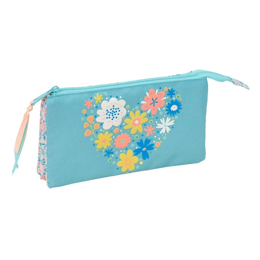 Safta Moos Fiori Portatodo - 3 Compartimentos con Cremalleras - 0.6L - 220x30x120mm - Color Azul Claro 1