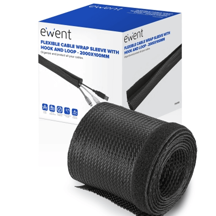 Ewent Manguito Organizador de Cable Polyester - Cierre de Velcro - 2m - 100mm - Color Negro 1