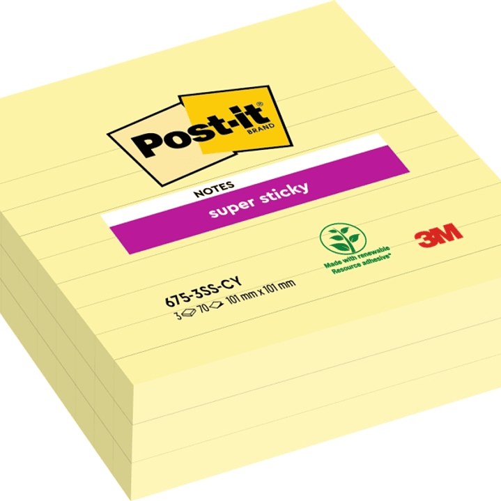 Post-It Super Sticky Pack de 3 Blocs de 70 Notas Grandes Adhesivas Reposicionables - 101x101mm - Color Amarillo Claro 1