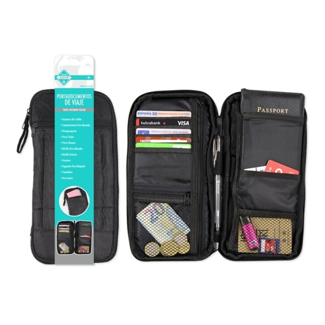 Lagart Portadocumentos de Viaje - Compartimentos para Tarjetas, Monedas, Pasaporte, Billetes etc... Color Negro 1