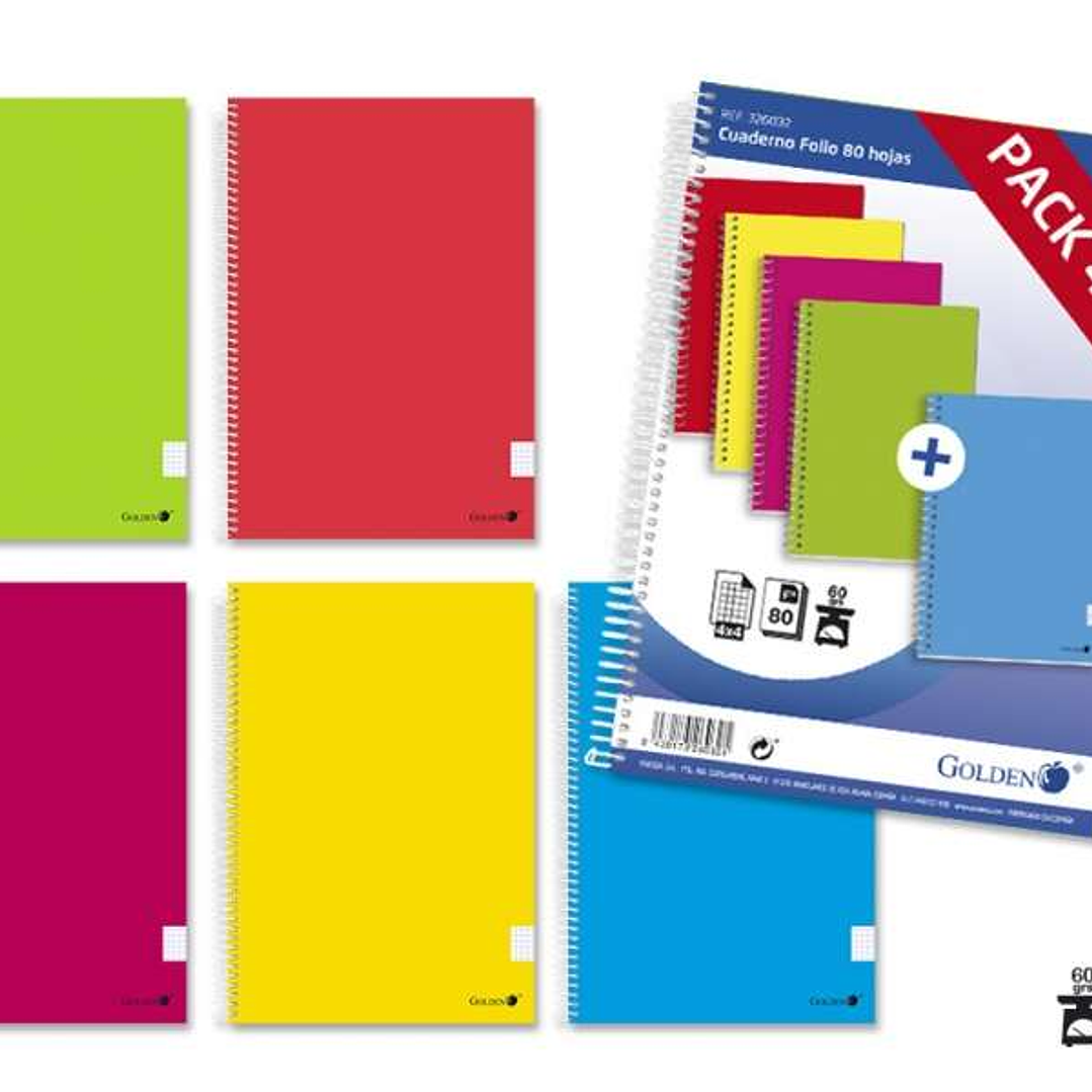 Golden Pack de 5 Cuadernos Espiral Folio 80 Hojas Cuadricula 4x4 - Margen Remarcado - Tapa Normal Plastificada - Colores Surtidos 1