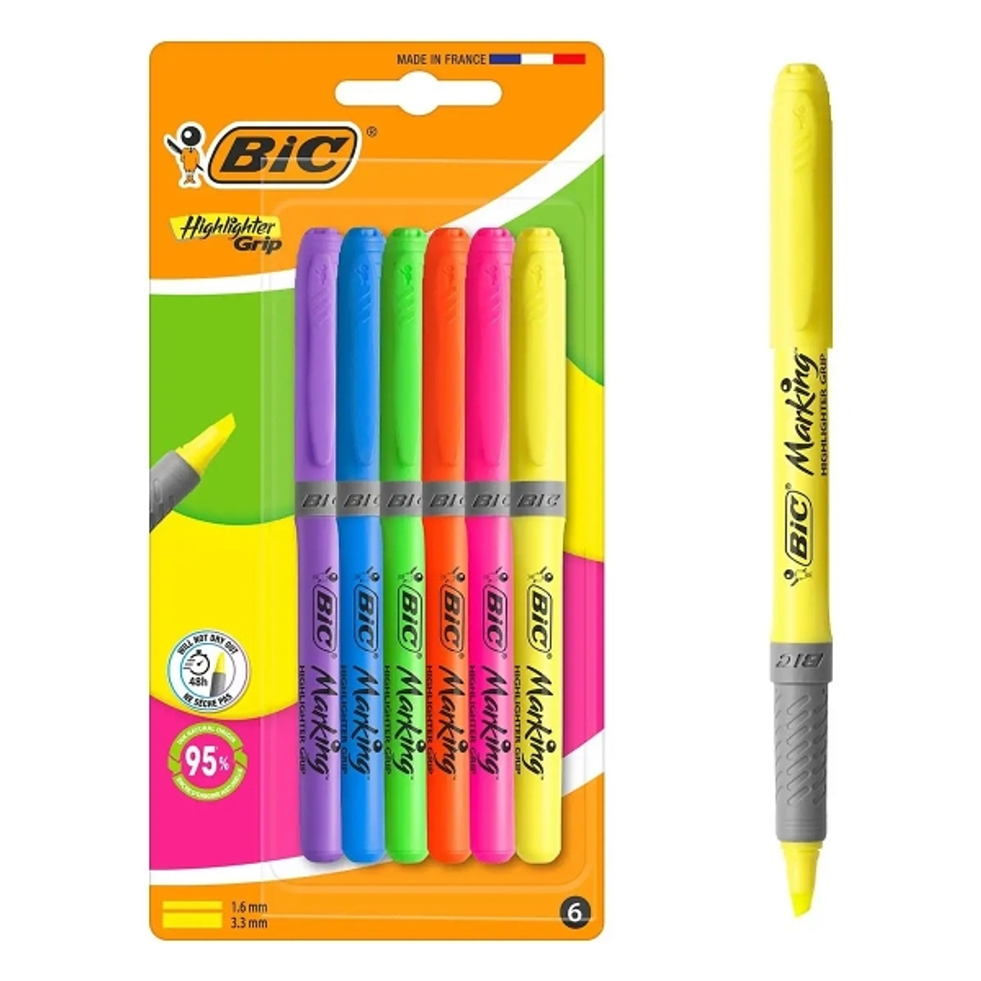 Bic Highlighter Grip Pack con 6 Marcadores Fluorescentes - Punta Biselada - Trazo entre 1.60 y 3.30 mm - Grip Texturizado - Colores Surtidos 1