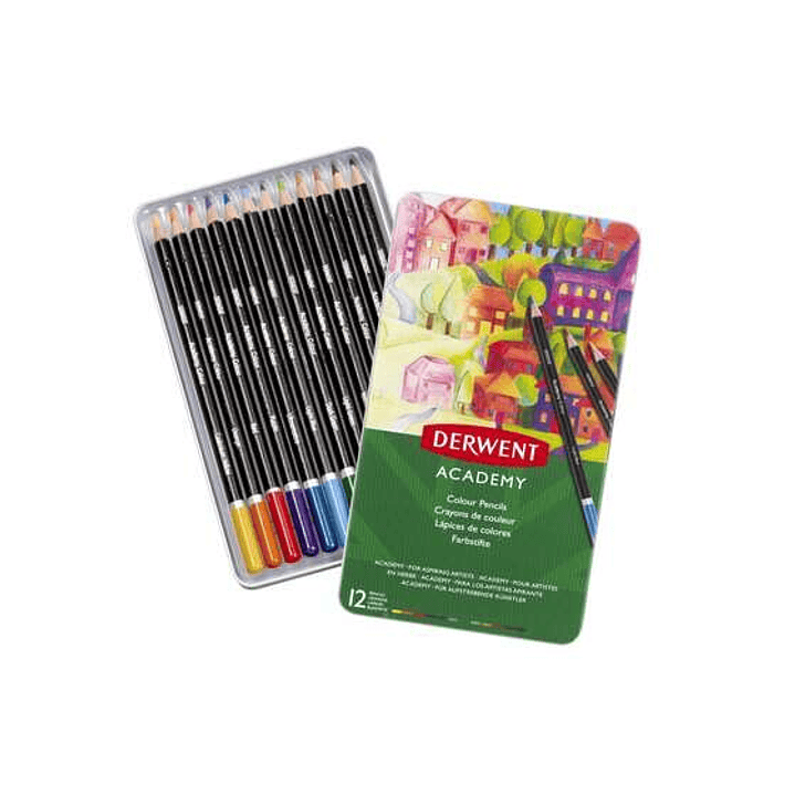 Derwent Academy Pack de 12 Lapices de Colores de Gran Calidad - Transferencia de Color Perfecta - Cuerpos de Madera Natural - Colores Surtidos 1