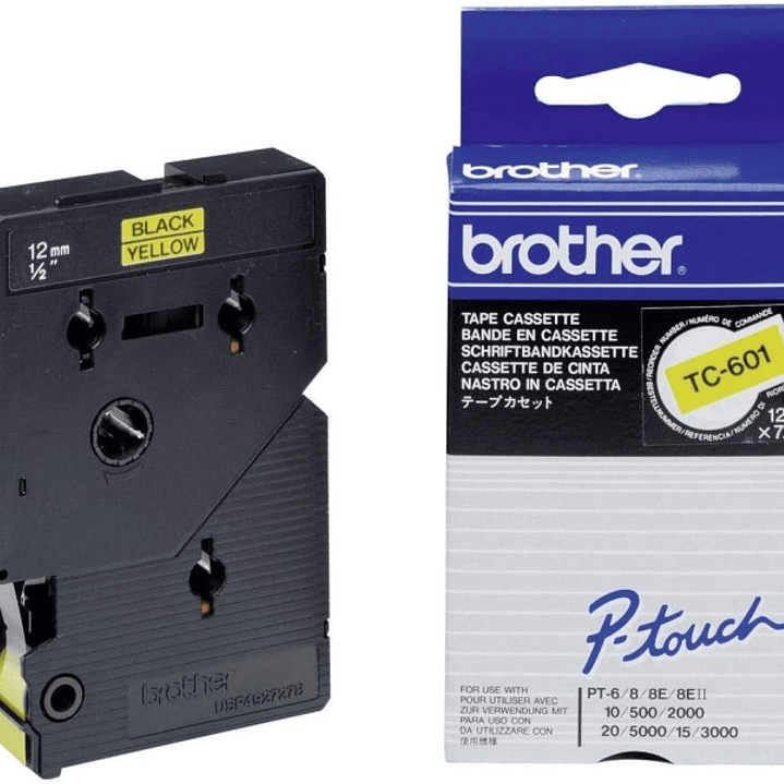 Brother TC601 Cinta Laminada Original para Rotuladora - Texto Negro sobre Fondo Amarillo - Ancho 12mm x 7 metros 1