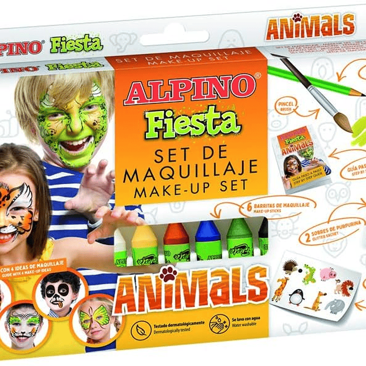 Alpino Fiesta Animales Pack de Maquillaje con 6 Barritas de Pintura Facial + Pincel + Tatuajes en Calcomania + Lapiz Perfilador y 2 Sobres de Purpurin 1