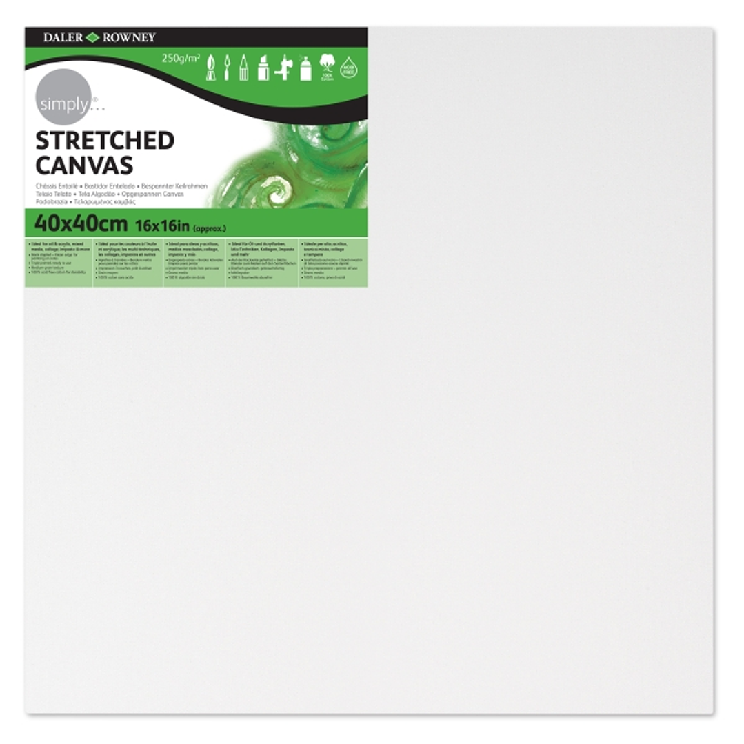 Daler Rowney Simply Bastidor Entelado - 40x40cm - Imprimacion Triple - Grano Medio - 100% Algodon sin Acido - 250g - Color Blanco 1