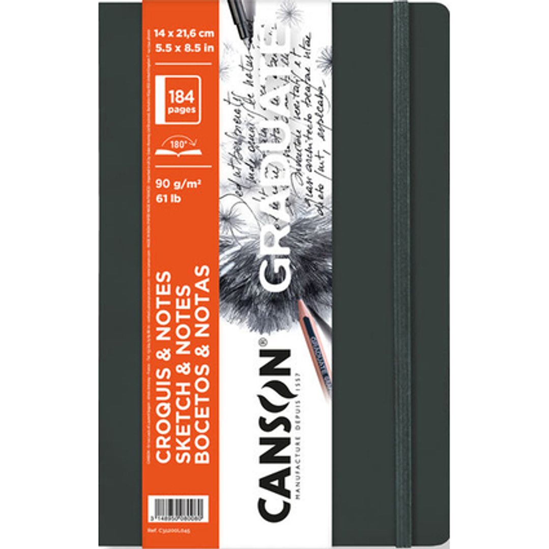 Canson Graduate Sketch Cuaderno con 92 Hojas - 14x21.6cm - 90g - Grano Fino - Tapa Blanda - Color Gris Oscuro 1