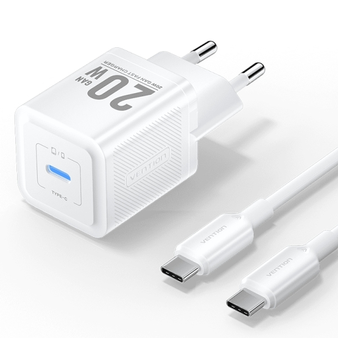 Vention Cargador de Pared GaN USB-C 20W - Cable USB-C 1m - Color Blanco 1