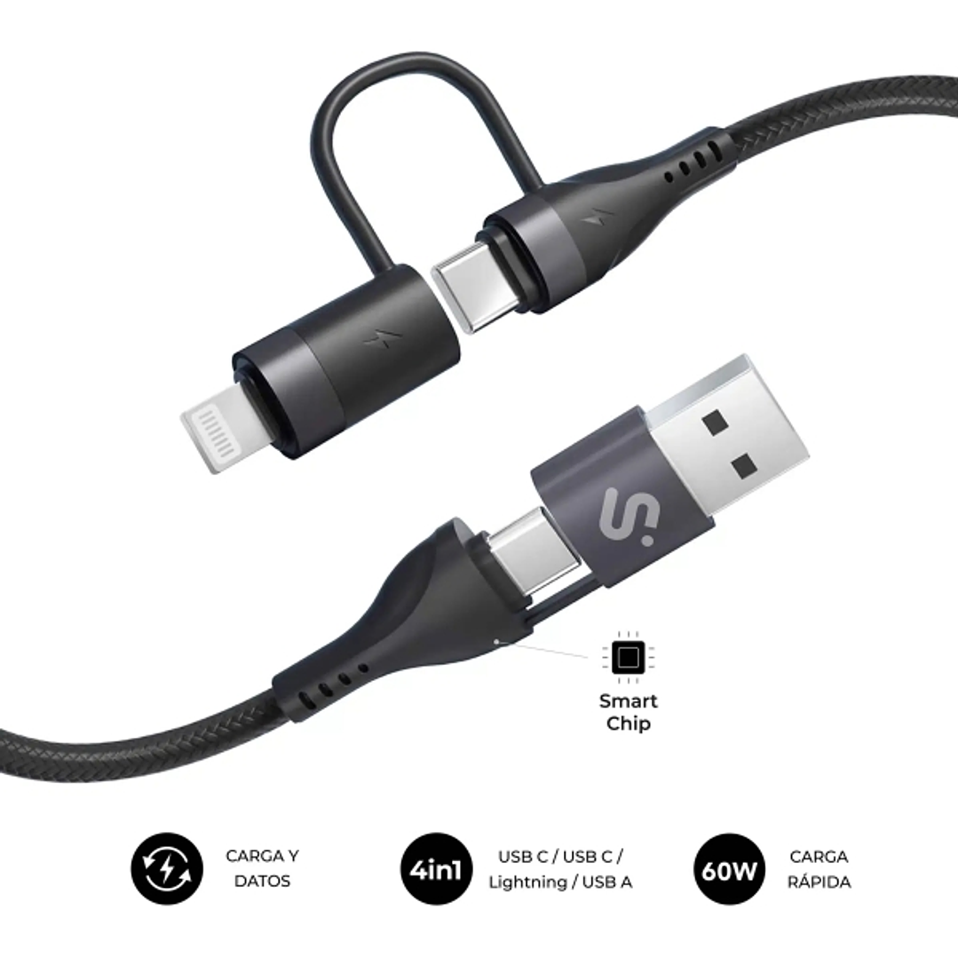 Subblim Cable Top 4 en 1 - USB-A USB-C Lightning - 60W - Nylon Trenzado - Carga Rapida - 1 Metro 1