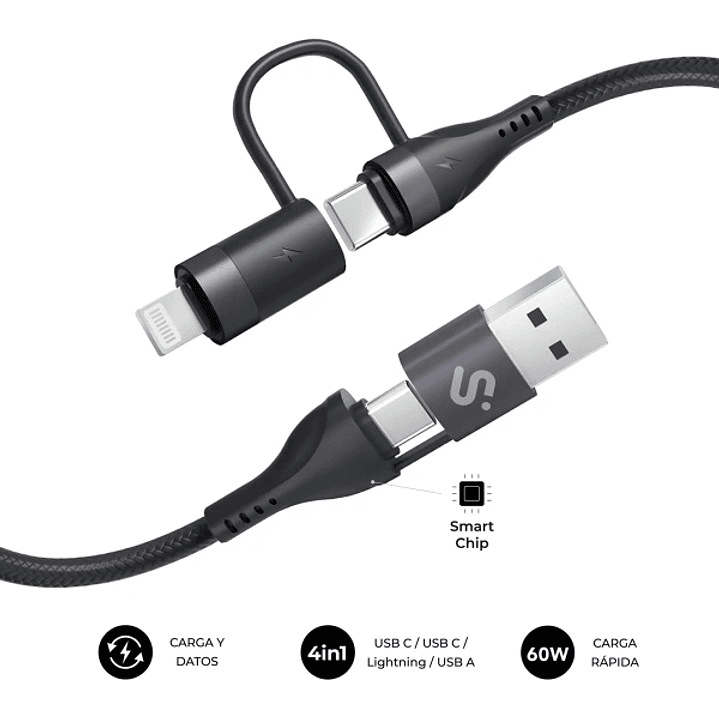 Subblim Cable Top 4 en 1 - USB-A USB-C Lightning - 60W - Nylon Trenzado - Carga Rapida - 1 Metro 1