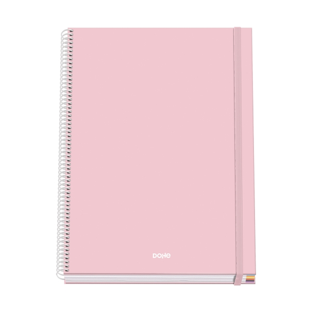 Dohe Serenity Cuaderno Espiral A4 100 Hojas Microperforadas Cuadricula 5mm - Tapa Dura Carton Forrado - Cierre de Goma - Bandas de Color - Color Rosa 1