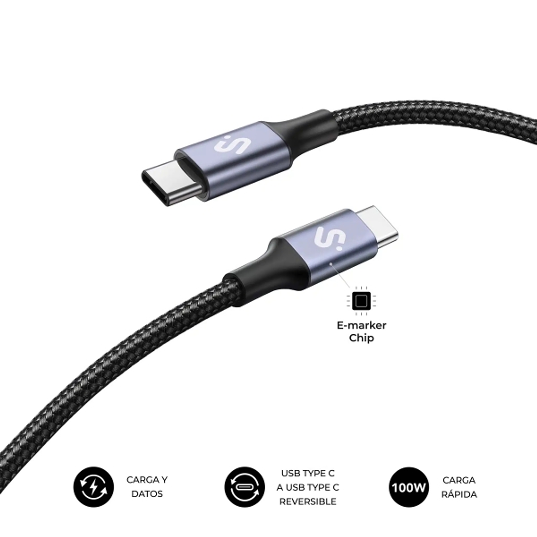 Subblim Cable Plus USB-C - 100W - Nylon Trenzado - 480Mbps - Chip E-Marker - 2 Metros - Color Negro 1