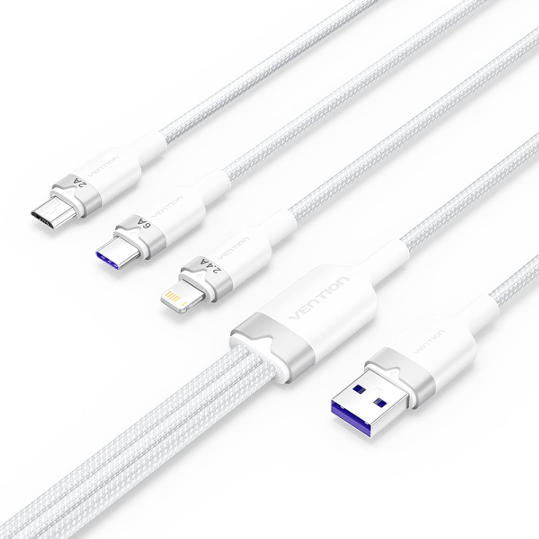 Vention Cable USB-A 2.0 a USB-C, Lightning, Micro-B 6A - 1.5m - Trenzado - Color Blanco 1