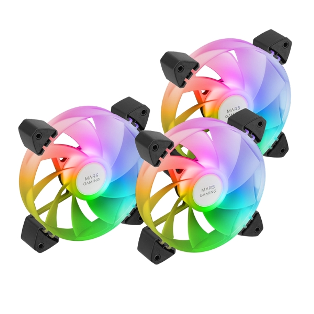 Mars Gaming MF-3AR Pack de 3 Ventiladores de 120mm FDB - Iluminacion ARGB 360º - Aspas Invertidas - Silencioso 14dB - Color Negro 1