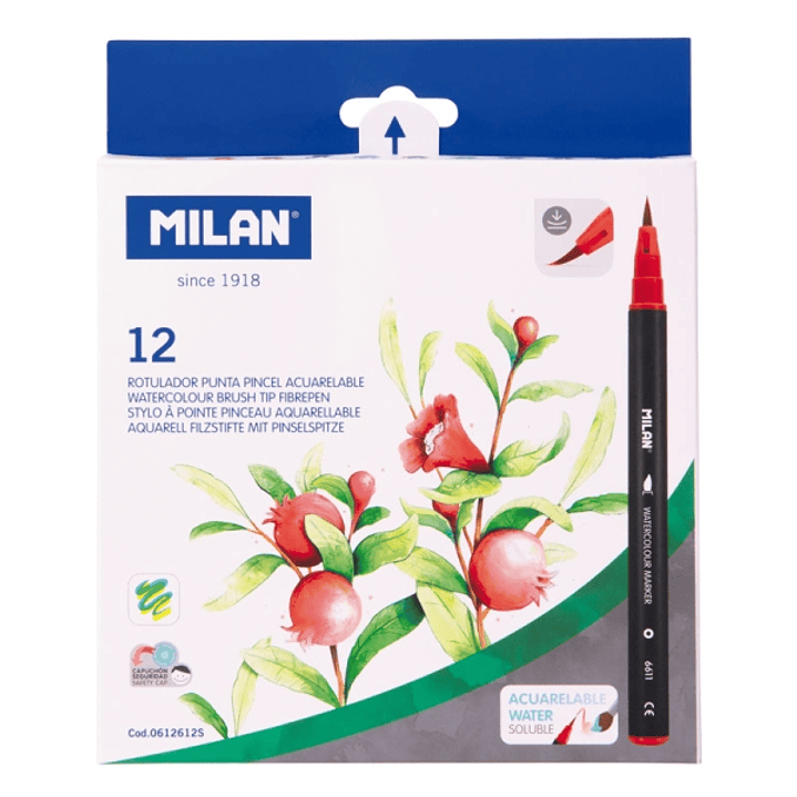 Milan Pack de 12 Rotuladores Acuarelables - Tinta al Agua - Punta de Pincel 0.5 a 6mm - Colores Surtidos 1
