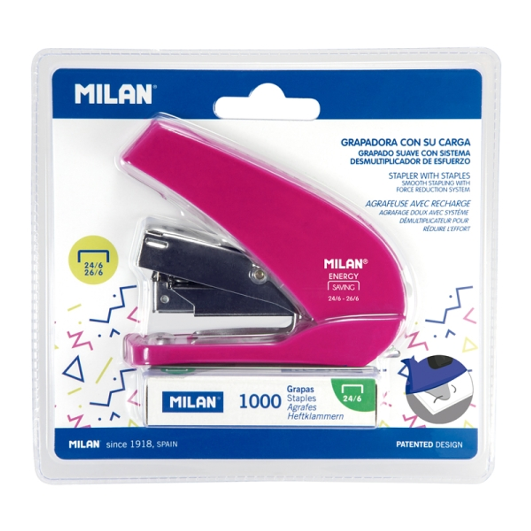 Milan Acid Energy Saving Grapadora Compacta - 1000 Grapas Incluidas - hasta 20 Hojas - Grapas 24/6 y 26/6 - Color Rosa 1