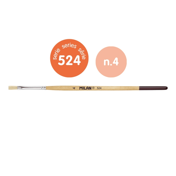Milan 524 Pack de 12 Pinceles Plano - Numero 4 - Bolsa con Colgador - Cerda Natural - Mango Corto - Color Madera Claro 1