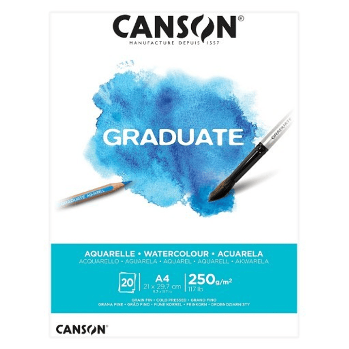 Canson Graduate Acuarela Bloc Encolado de 20 Hojas A4 - 250g - Grano Fino - Color Blanco 1